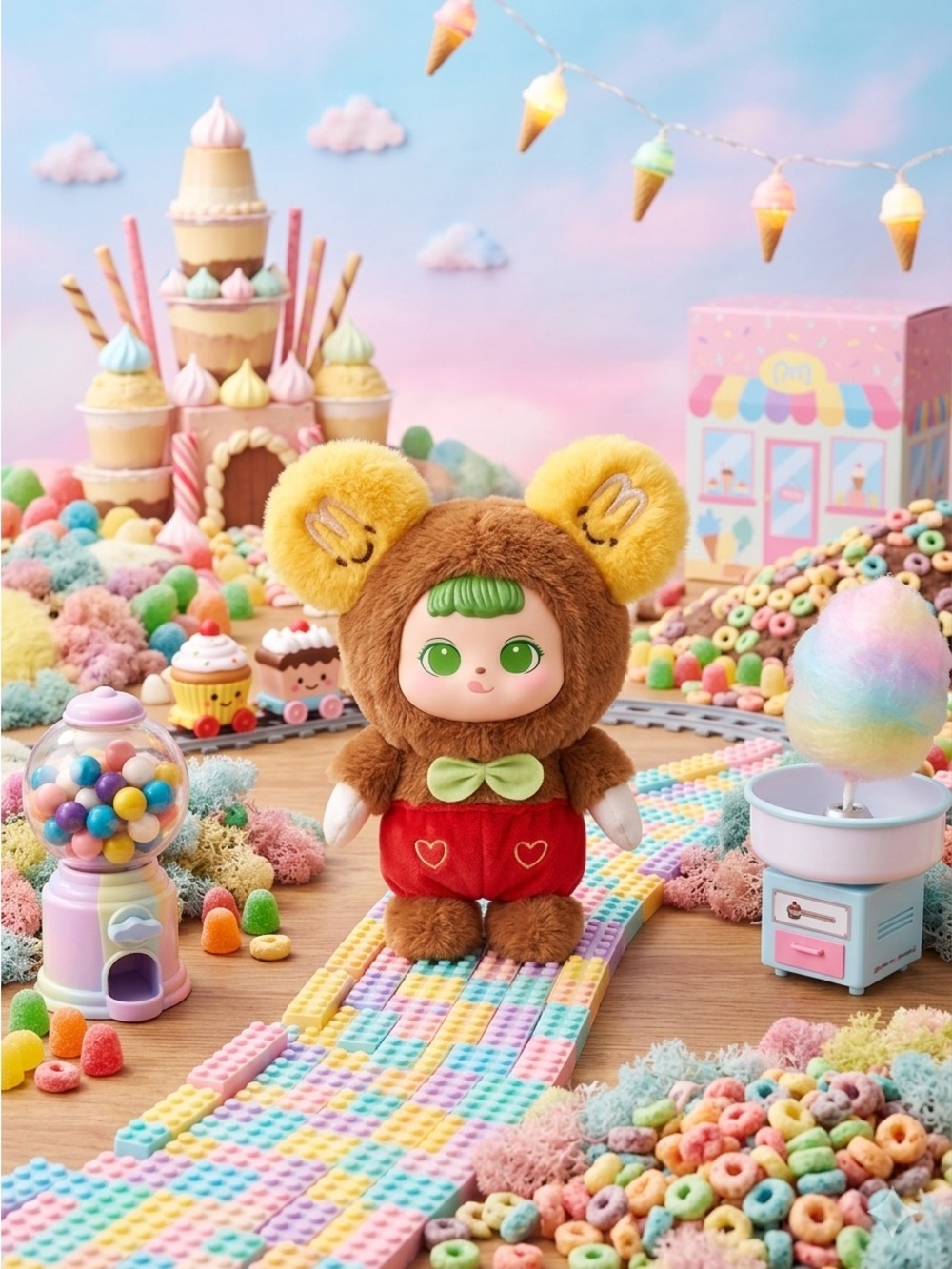 Baby Three Dessert Party Plush Bear Doll with Green Hair and Red Outfit